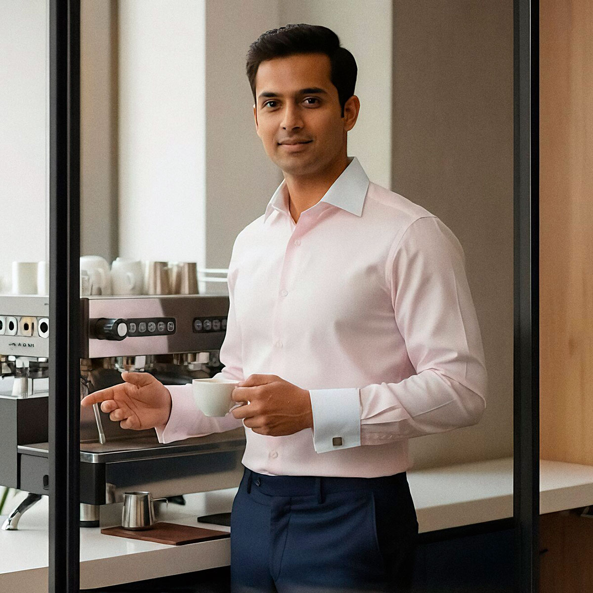 Chemise rose col blanc poignet blanc