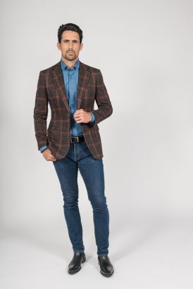 Veste tweed marron sport à carreaux orange